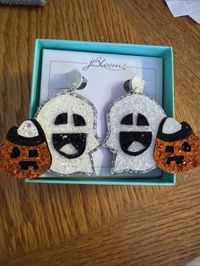 bloom Halloween White & Orange Glitter Ghost and Pumpkin Earrings
